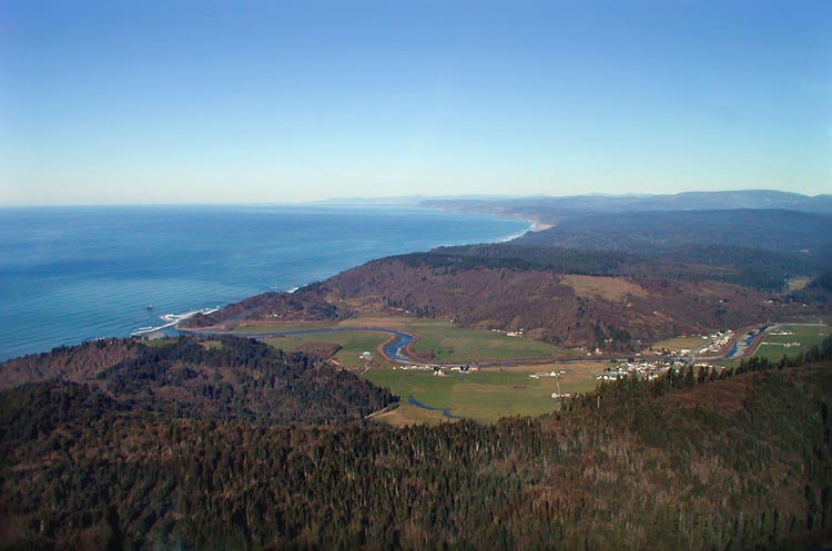 [Oblique aerial photo looking north at the Orick valley]